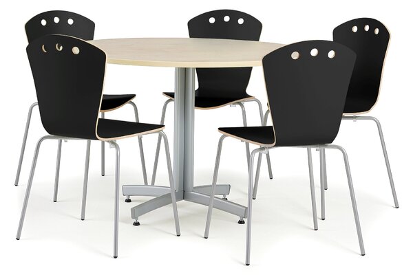 Zestaw mebli do stołówki, stół Ø1100 mm, brzoza + 5 krzeseł czarny/szary