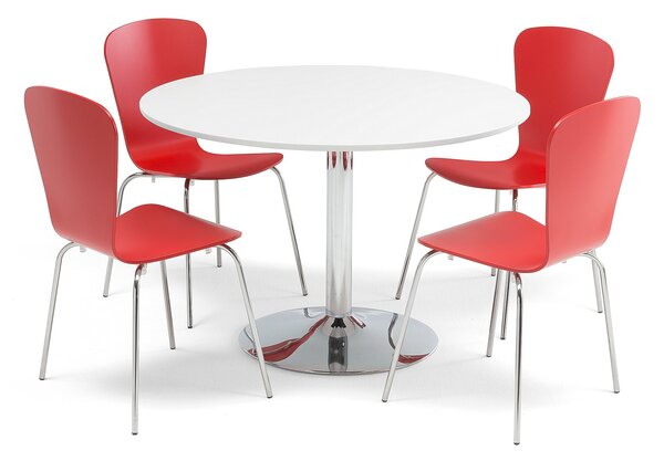Zestaw do stołówki, stół Ø1100 mm, biały, chrom + 4 czerwone krzesła