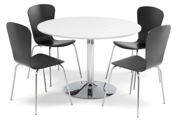 Zestaw do stołówki, stół Ø1100 mm, biały, chrom + 4 czarne krzesła
