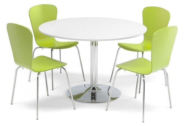 Zestaw do stołówki, stół Ø1100 mm, biały, chrom + 4 zielone krzesła