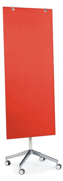 Szklana tablica suchościeralna STELLA, na kółkach, 650x1575 mm, żywa czerwień