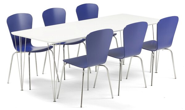 Zestaw mebli do stołówki ZADIE + MILLA, stół + 6 krzeseł, niebieski