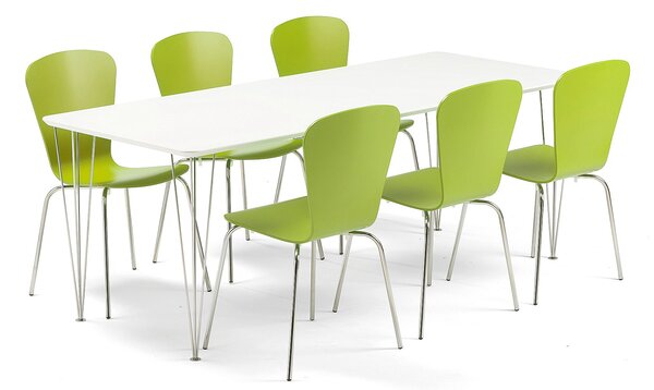 Zestaw mebli do stołówki ZADIE + MILLA, stół + 6 krzeseł, zielony