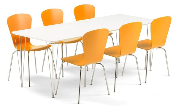 Zestaw mebli do stołówki ZADIE + MILLA, stół + 6 krzeseł, pomarańczowy