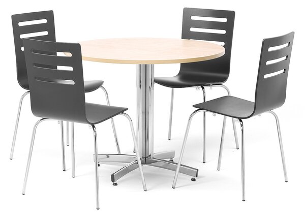 Zestaw do jadalni, stół Ø 900 mm, buk + 4 krzesła, czarny