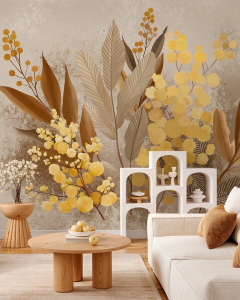 Fototapety Pomalowane gałązki mimozy i herbarium w ciepłych odcieniach, Tapety Wyjątkowe, w05659 : Uwalls.pl