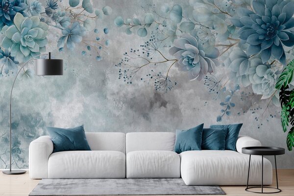Fototapety Widok z góry na kwiaty w stylu retro, utrzymane w odcieniach błękitu i turkusu, Fototapety Akwarele, w05753v1 : Uwalls.pl