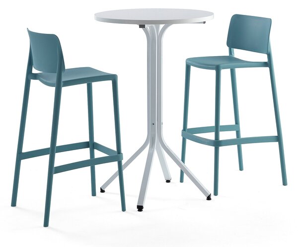 Zestaw mebli VARIOUS + RIO, stół i 2 turkusowe krzesła barowe