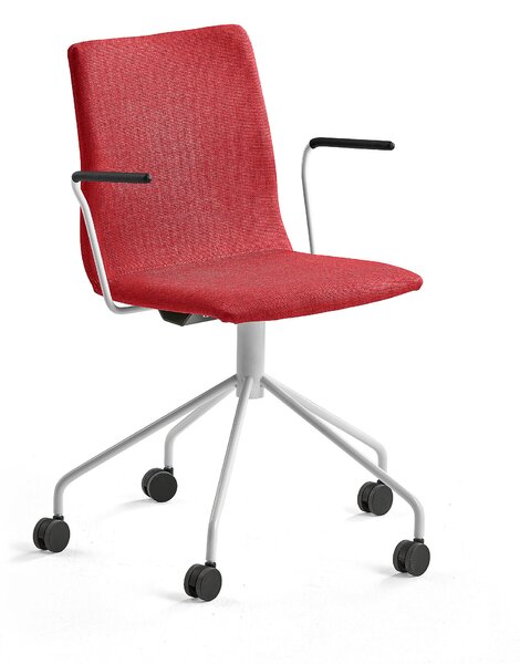 Krzesło konferencyjne OTTAWA, na kółkach, podłokietniki, czerwona tkanina, biały