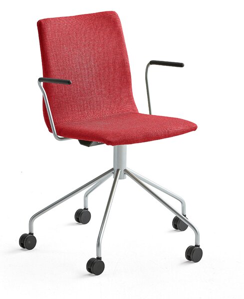 Krzesło konferencyjne OTTAWA, na kółkach, podłokietniki, czerwona tkanina, szary