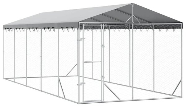 Kojec dla psa, z dachem, srebrny, 3x7,5x2,5 m, stal