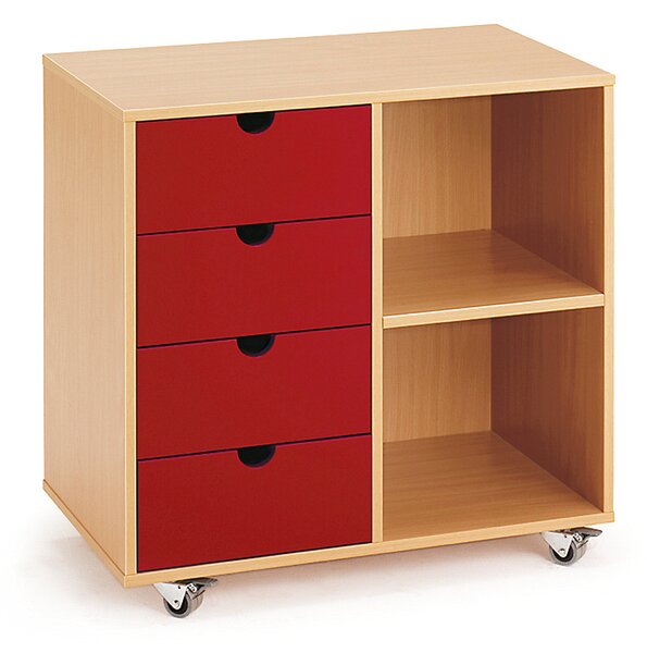 Komoda szkolna, 4 szuflady, 1 półka, 807x450x800 mm, buk, czerwony