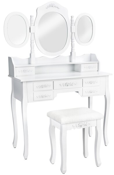 Tectake 402074 toaletka z 7 szufladami, lustrem i taboretem w antycznym stylu - biały