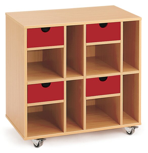 Komoda szkolna, 4 szuflady, 2 półki, 807x450x800 mm, buk, czerwony
