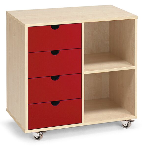 Komoda szkolna, 8 szuflad, 1 półka, 807x450x800 mm, brzoza, czerwony