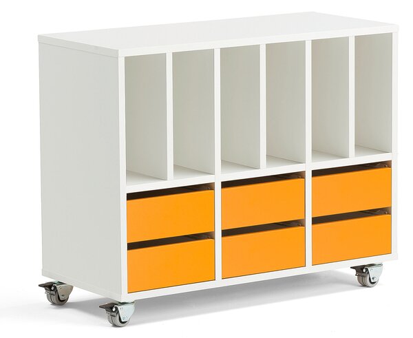 Regał szkolny STURE, 6 przegród, 6 szuflad, biały, szuflady pomarańczowe