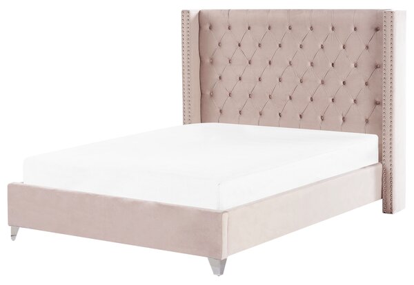 Welurowe łóżko 160 x 200 cm z listwami pikowane do sypialni różowe Lubbon Beliani