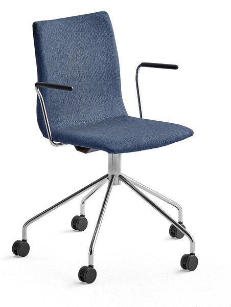 Krzesło konferencyjne OTTAWA, na kółkach, podłokietniki, tkanina, niebieski, chrom