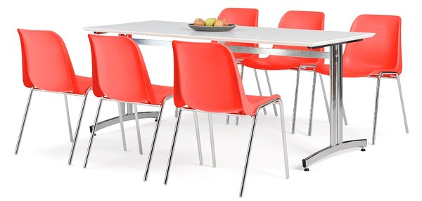 Zestaw mebli SANNA + SIERRA, 1 stół i 6 czerwonych krzeseł