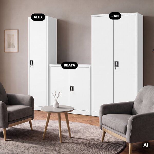 Szafa biurowa metalowa na akta, wąska, biała, 450x1850x400 mm: ALEX