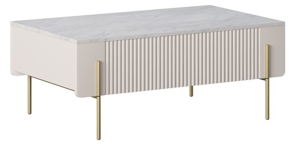 Stolik kawowy Malmi 100 cm z szufladami - kaszmir / crema bianca / złote nóżki