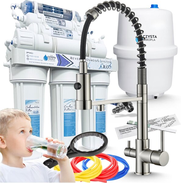Bateria kuchenna trójdrona Ari Solid Spring z wycigan wylewk, do filtra wody, inox, mosiny korpus