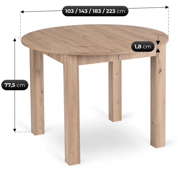 Stół Okrągły Rozkładany JAMES 103-223 cm Dąb Artisan Skandynawski