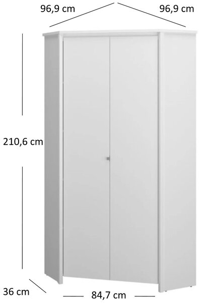 Biała szafa narożna z drążkiem i półkami E3-F44