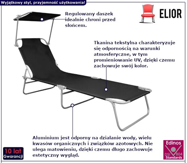 Czarny leżak ogrodowy z zadaszeniem - Nuvira
