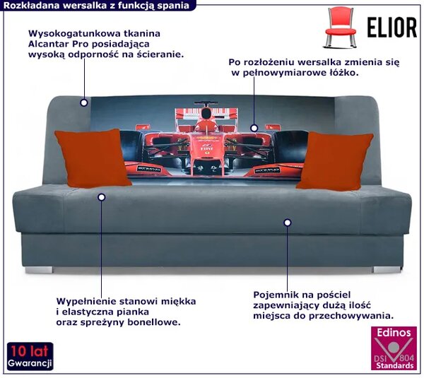 Ciemnoszara wersalka rozkładana z motywem F1 E1-B58