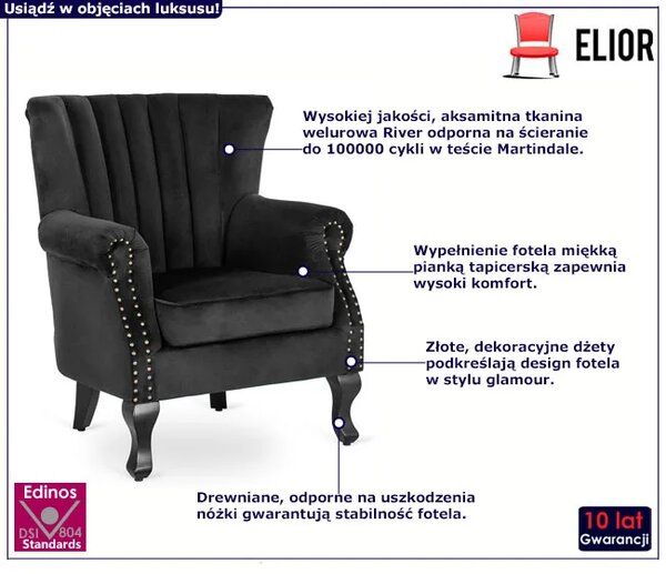 Czarny welurowy fotel uszak glamour M9-Z48