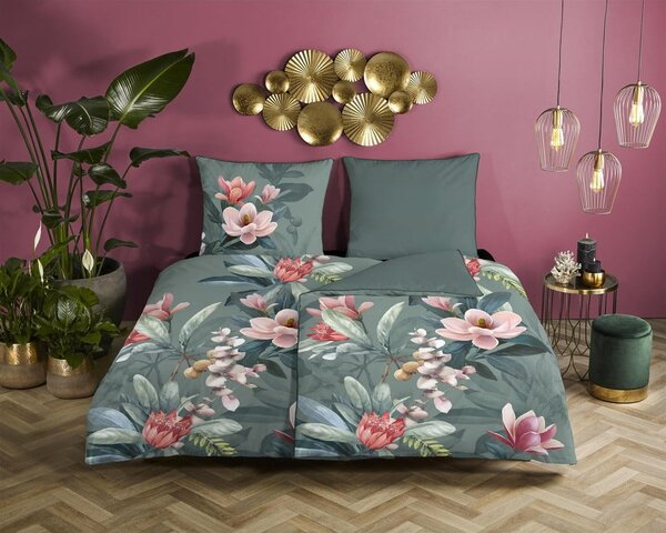 Zielona pościel jednoosobowa z bawełny organicznej Descanso Rose, 140x220 cm