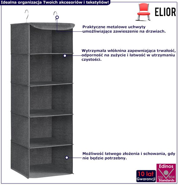 Szary wiszący organizer z 5 półkami D2-D88