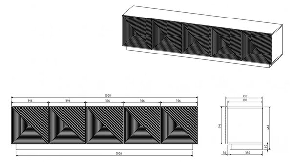 Szafka RTV Asha 200 cm pięciodrzwiowa z ryflowanym frontem - artisan / rivier stone mat