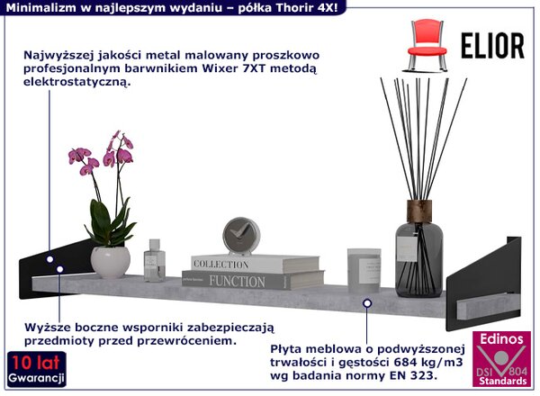 Nowoczesna półka ścienna na książki czarny + beton H3-A87