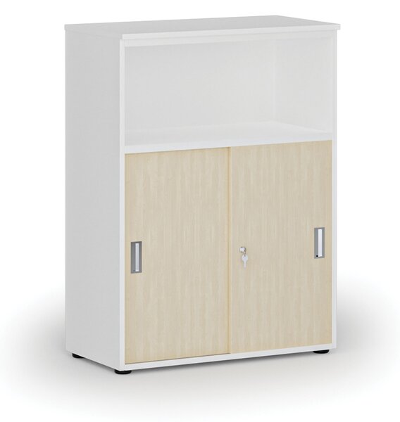 Szafa biurowa kombinowana z drzwiami przesuwnymi PRIMO WHITE, 800 x 420 x 1087 mm, biały/brzoza