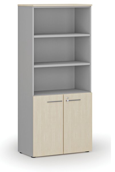 Szafa biurowa kombinowana PRIMO GRAY, drzwi na 2 poziomach, 800 x 420 x 1781 mm, szary/brzoza
