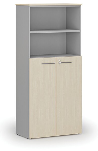 Szafa biurowa kombinowana PRIMO GRAY, drzwi na 3 poziomach, 800 x 420 x 1781 mm, szary/brzoza