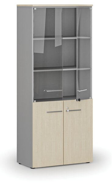 Szafa biurowa kombinowana PRIMO GRAY z drzwiami drewnianymi i szklanymi, 800 x 420 x 1781 mm, szary/brzoza