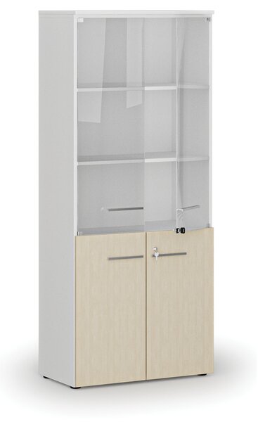 Szafa biurowa kombinowana PRIMO WHITE z drzwiami drewnianymi i szklanymi, 800 x 420 x 1781 mm, biały/brzoza