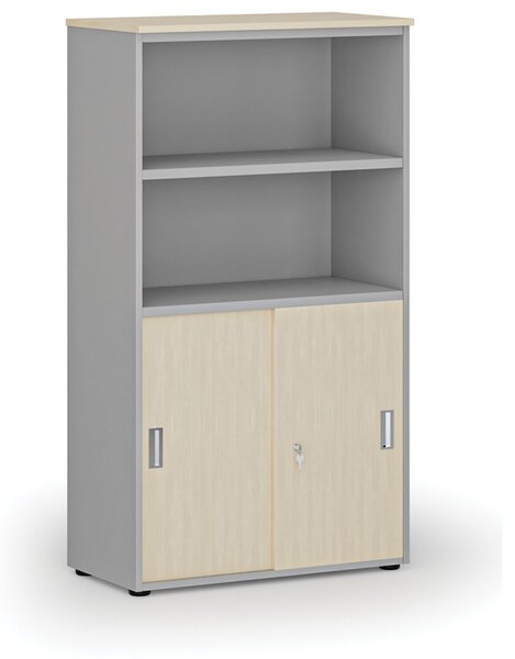 Szafa biurowa kombinowana PRIMO GRAY, drzwi przesuwne na 2 poziomach, 800 x 420 x 1434 mm, szary/brzoza