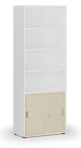 Szafa biurowa kombinowana PRIMO WHITE, drzwi przesuwne na 2 poziomach, 800 x 420 x 2128 mm, biały/brzoza