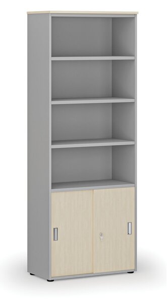 Szafa biurowa kombinowana PRIMA GRAY, drzwi przesuwne na 2 poziomach, 800 x 420 x 2128 mm, szary/brzoza