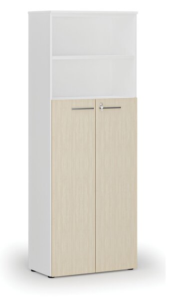 Szafa biurowa kombinowana PRIMO WHITE, drzwi na 4 poziomach, 800 x 420 x 2128 mm, biały/brzoza