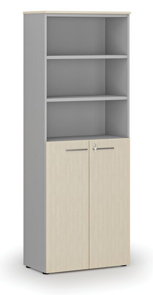 Szafa biurowa kombinowana PRIMA GRAY, drzwi na 3 poziomach, 800 x 420 x 2128 mm, szary/brzoza