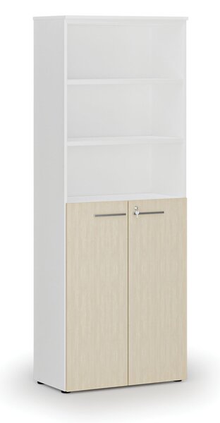 Szafa biurowa kombinowana PRIMA WHITE, drzwi na 3 poziomach, 800 x 420 x 2128 mm, biały/brzoza