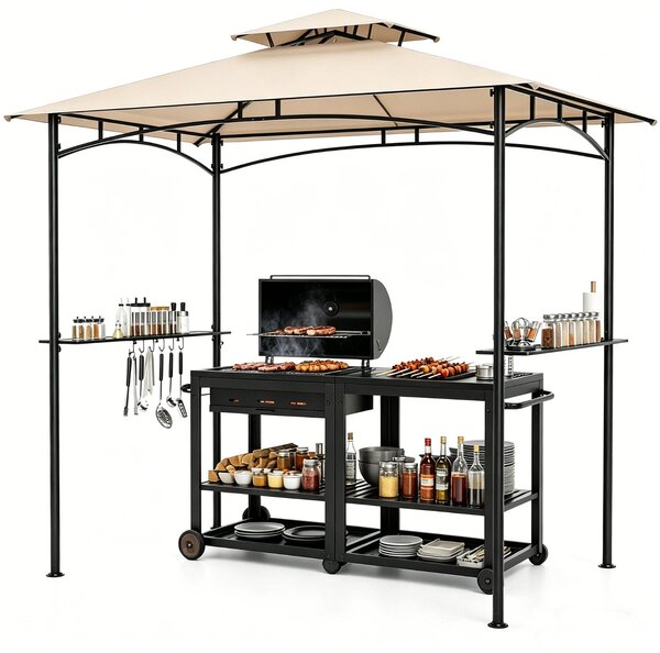 KOMFOTTEU – altana grillowa o wymiarach 242 x 150 cm, dwupoziomowy dach sucy jako zadaszenie z 2 pókami, 6 haczykami i metalow ram; zadaszenie do grillowania na podwórku, trawniku, tarasie lub przy basenie