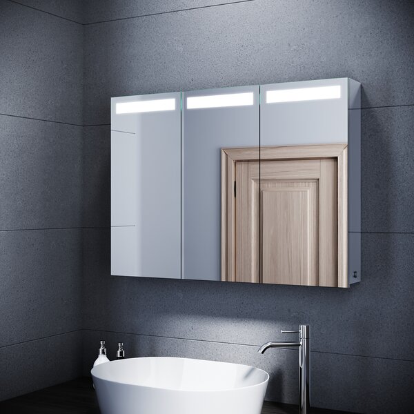 SONNI 3-drzwiowa szafka azienkowa z lustrem 90x65x13cm z owietleniem LED Przecznik przyciskowy z gniazdem golarki