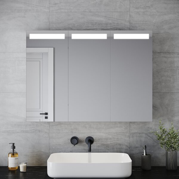 SONNI szafka azienkowa z lustrem ze stali nierdzewnej z owietleniem LED i gniazdem golarki 90x65x13cm 3-drzwiowy wcznik przyciskowy