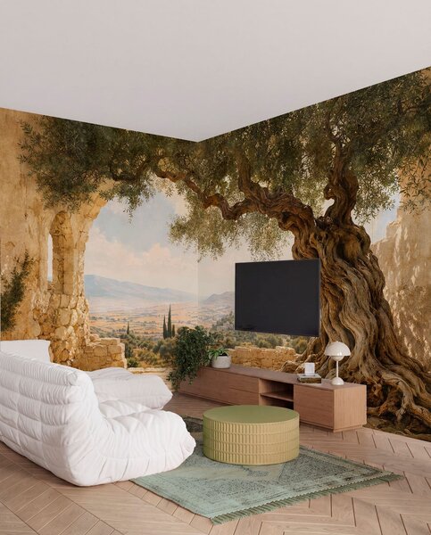 Fototapety Starożytne drzewo oliwne pośród kamiennych ruin i wzgórz, Fototapety Natura, w05896 : Uwalls.pl